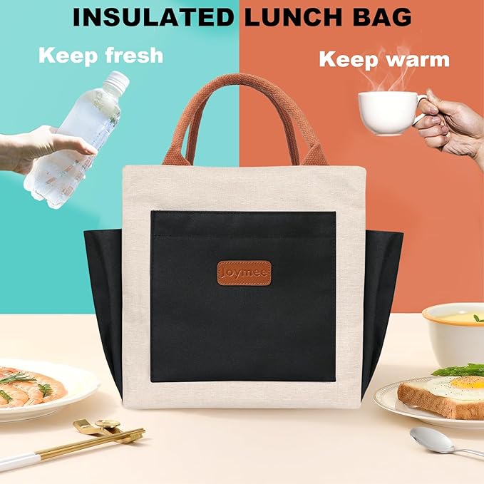 Joymee Lunch Bag Women Insulated Lunch Box Reusable Leakproof Large Spacious Cooler Tote for Women Men Adult with Bottle Holder and Side Pockets for Work Office Travel Picnic - Beige Black