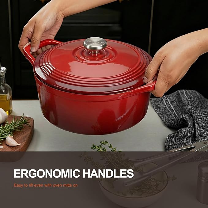 Overmont Enameled Cast Iron Dutch Oven - 5.5QT Pot with Wide Handles Lid Cookbook & Cotton Potholders - Heavy-Duty Pre-Seasoned Cookware Oven Safe to 500°F for Braising, Stews, Roasting, Bread Baking