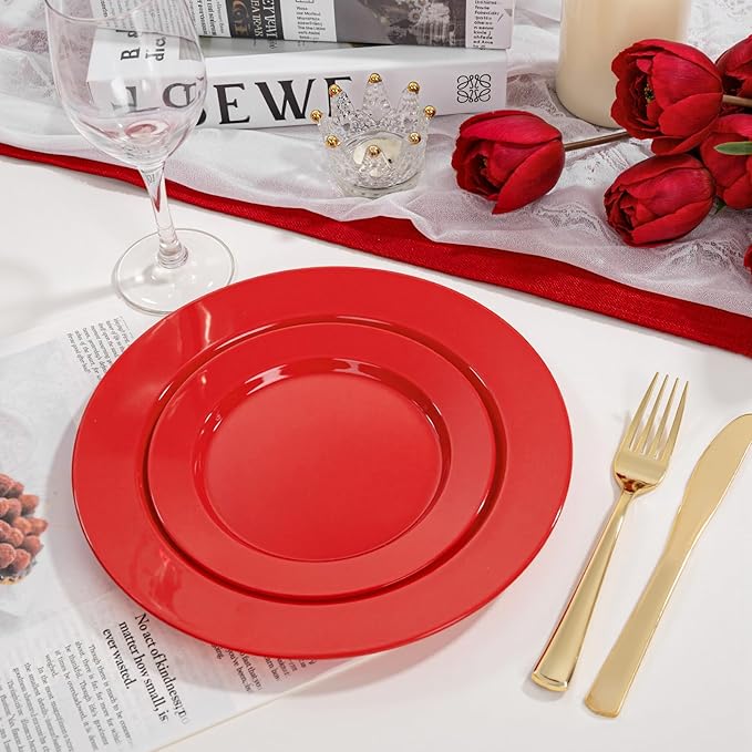 FLOWERCAT 200PCS Red Plastic Plates Disposable Plates for Party - Heavy Duty Plastic Plates - 10" &7" Plate for 100 Guests Parties and Events &July 4th