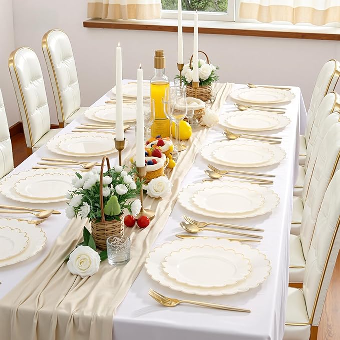 LIYH 120 Pcs Ivory Scalloped Plastic Plates Disposable - Ivory and Gold Plastic Plates - Gold Fancy Disposable Party Dinner & Dessert Plate for Wedding Birthday Easter Day