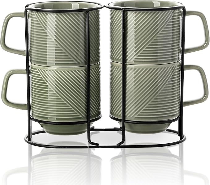 Stackable Coffee Mugs with Rack: 13 oz Stacking Ceramic Cups with Stand - Porcelain Stacked Tea Mug Set of 4 (Pea Green)