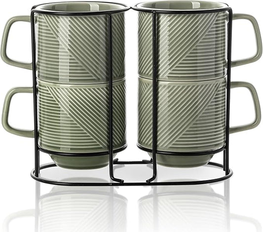 Stackable Coffee Mugs with Rack: 13 oz Stacking Ceramic Cups with Stand - Porcelain Stacked Tea Mug Set of 4 (Pea Green)