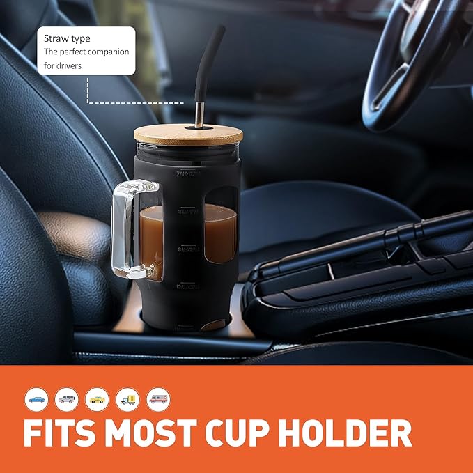 Glass Tumbler with Lid, 32 oz Glass Cup with Handle, Glass Water Bottles with Time Marker, 2 Straws - Pearl Straw & Silicone Protective Sleeve - Black