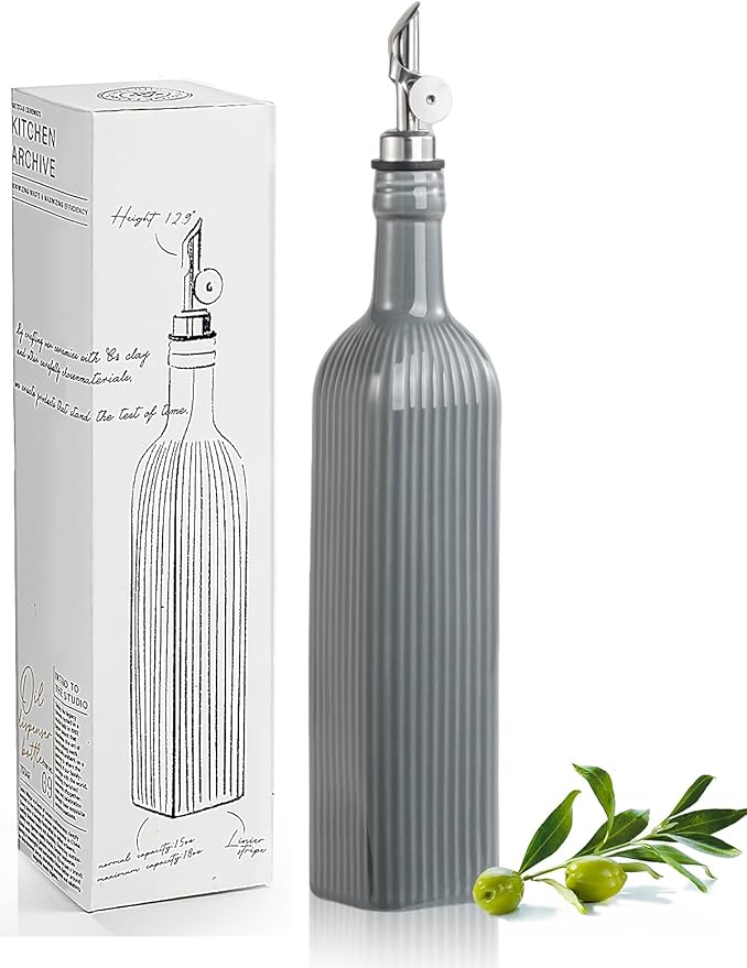 getstar 18 oz Olive Oil Dispenser Bottle for Kitchen, Ceramic Oil Bottle with Automatic Stainless Steel Pourer (Silver Pourer, Green)