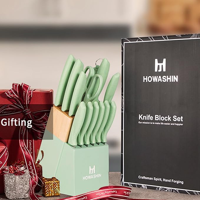 Knife Set, Howashin 15 Pieces Kitchen Knife Set with Built in Knife Sharpener, High Carbon German Stainless Steel Knife Block Set, Hand wash Safe Knives Set, Green
