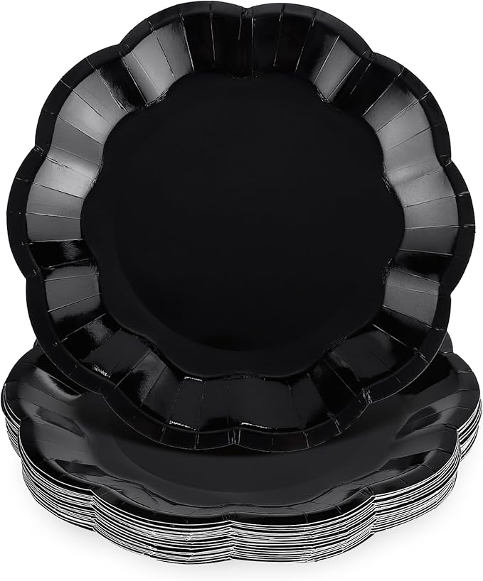 30 Pcs Black Paper Plates, 7 Inch Scalloped Black Plates Cake Dessert Plate Disposable for Party, Birthday, Wedding, Daily Meals, Picnic, Camping