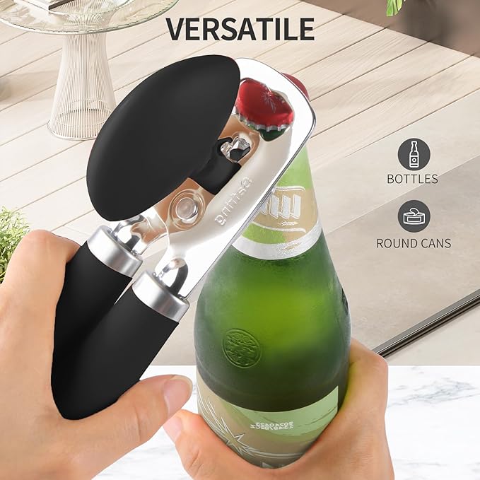 Can Opener Manual, Heavy Duty Stainless Steel Smooth Edge Can Openers With Soft Touch Handle, Oversized Handheld Easy Turn Knob, Multi-Function Bottle Opener, Black