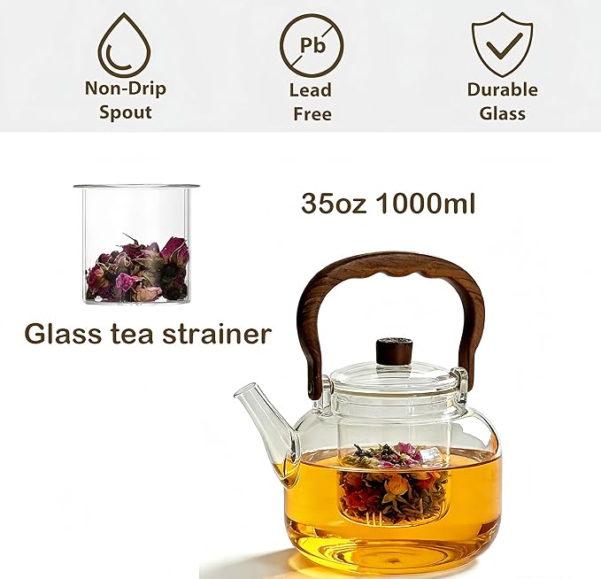 Glass Teapot with Infuser, 34oz Stovetop Safe Glass Tea Kettle for Loose Leaf Tea, 1000ml Borosilicate Clear Tea Pot for Blooming Tea, Heat Resistant Teapots with Removable Strainer