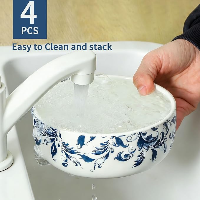 Blue Serving Bowls Set of 4, Ceramic Soup Bowls 22oz, Blue and White Cereal Bowl for Kitchen, Japanese bowls for Raman Oatmeal Salad Rice Pho, Microwave & Dishwasher Safe