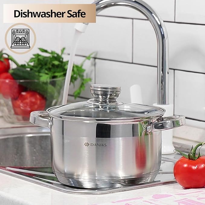 Daniks Standard 7 Quart Stainless Steel Stock Pot with Glass Lid, Try-Ply Bottom for Even Heating, Induction Compatible, Dishwasher Safe, Built-In Measuring Scale, Silver