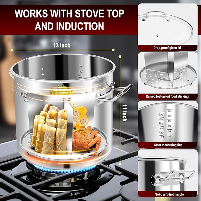 AOSION 24 Quart Stainless Steel Stock Pot With Lid, 3-IN-1 Heavy Duty Tamale Steamer Pot with Visible Lid for Pasta,Large Crawfish Pot for Cooking with Steam Rack,Dishwasher & Oven Safe.