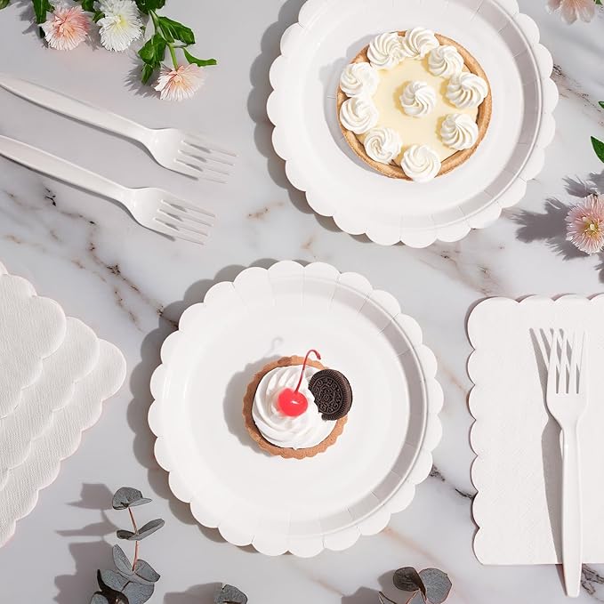 105PCS Paper Plates and Napkins Set,7 Inch Scalloped Disposable Tableware with Forks for Birthdays, Garden Parties & Outdoor Events,Serves 35 (White)