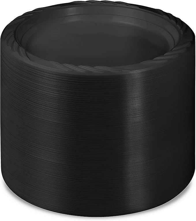 Munfix 200 Black Plastic Plates Set - 7 Inch Disposable Dessert/Salad Plates, Bulk Pack for Party, BBQ, Picnic, Parties, Travel and Events, Microwavable Recyclable