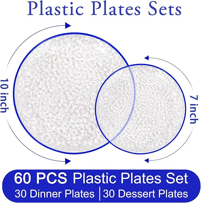 Rubtlamp 60Pcs Blue Easter Plastic Plates, Clear Disposable Plates With Blue Rim, Heavy Duty Party Plates, Hammered Fancy Plates Include 30 Dinner Plates, 30 Dessert Plates For St Patricks Day