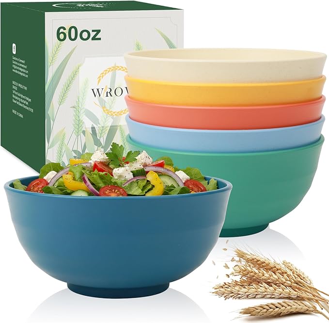 Wrova Large Cereal Bowls Set of 6, Unbreakable Wheat Straw Bowls 60oz, Microwavable Bowls for Popcorn,Soup,Dinner, Reusable Plastic Big Bowls for Picnic,Kitchen- Vibrant Series