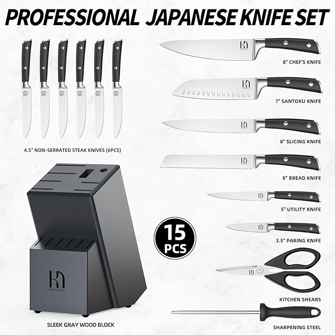Knife Set Premium, 15 Pcs Kitchen Knife Set with Block Japanese High Carbon Stainless Steel Razor Sharp Knife Block Set, Block Knife Set with Sharpener and Ergonomic Full-tang Handle