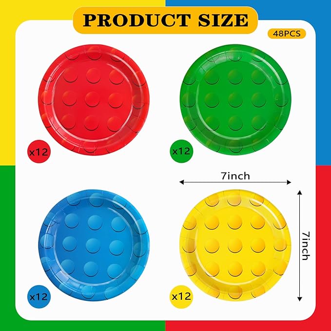 48Pcs Building Block Paper Plates, Colorful Building Bricks Themed Party Supplies 7" Building Block Disposable Plates for Birthday Baby Shower Party Decorations