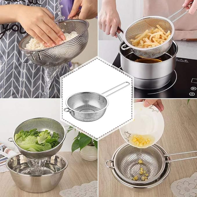 Stainless Steel Colander Fine Mesh Colander with Long Handle, Kitchen Metal Food Strainers with Resting Feet for Strain, Rinse, Fry, Steam or Cook Vegetables & Pasta & Wash fruits(COLOR:silver)