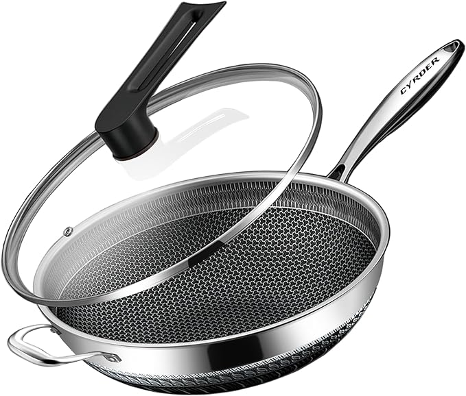 Hybrid Nonstick 14.5Inch Stainless Steel Pan, Large PFOA Free Non-Stick Wok, Dishwasher Oven Safe, Stay Cool Handle Skillet, Works with Induction Cooktop/Ceramic/Gas/Electric Stove