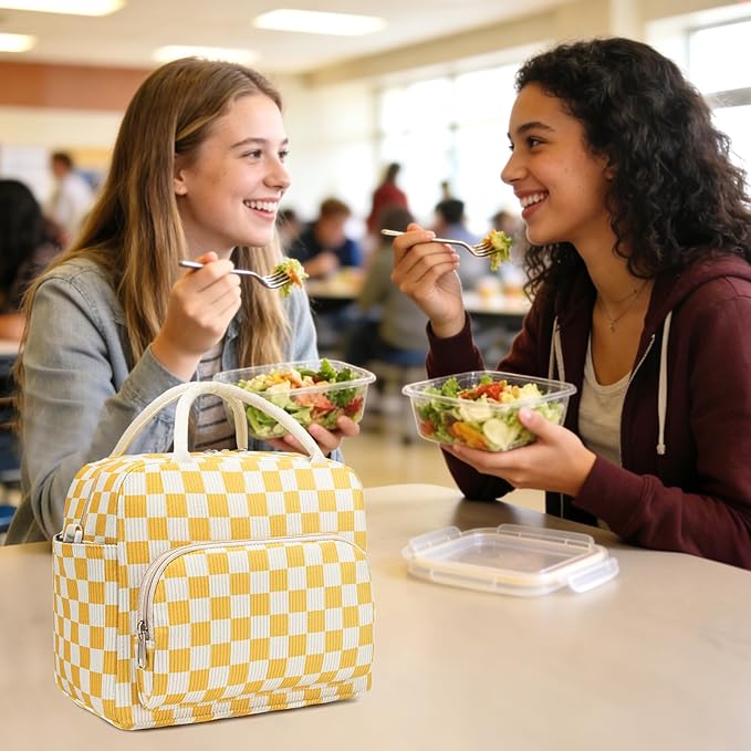 Lunch Box for Women Insulated Lunch Bag Women Adult Cute Lunch Bags Reusable Lunchbox Cooler Tote Bag for Work Picnic (Yellow-Plaid)