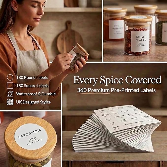 Glass Spice Jars with Labels-12 Pack- 6.8oz- 360 Labels- Spice Containers with Bamboo Lids -Spices Organization for Cabinet-Drawer-Rack-Seasoning containers-herbs- Organizer-Spices Bottles