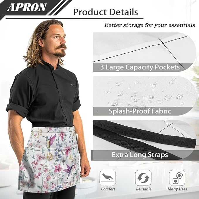 Server Waitress Waist Apron with 3 Pockets, Short Aprons for Servers,Waiter Apron For Waiter Accessories