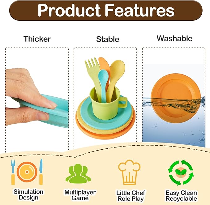 Buyger Kids Kitchen Accessories and Tea Set for Toddlers 3-5, Play Kitchen Toy Dish Plates Utensils Dinnerware Set Pretend Role Play Gifts for Ages 3 4 5 Years Olds Children Boys Girls