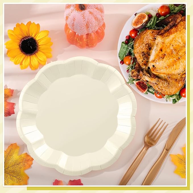 30 Pcs Paper Plates 9 In Cream Party Plates Scalloped Paper Plate Elegant Disposable Plate for Baby Shower, Bridal Shower, Birthday, Wedding