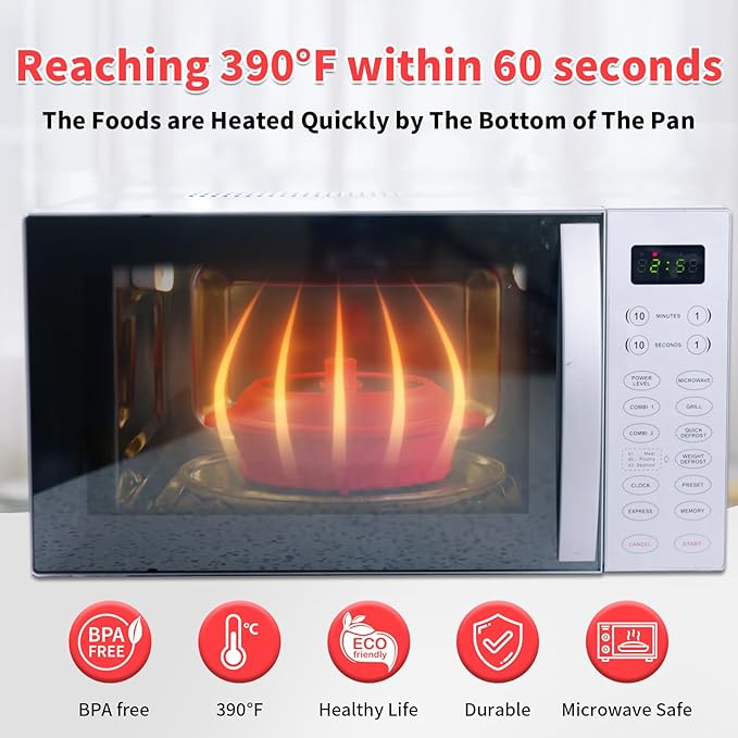 GLOU-GLOU GOOSE GGG Microwave Grill Pan, Fry Griddle Crisper Pan with Lid for Grilling Browning and Crisping Foods Microwave Silicone Cookware for Meat Sandwich Vegetable Red