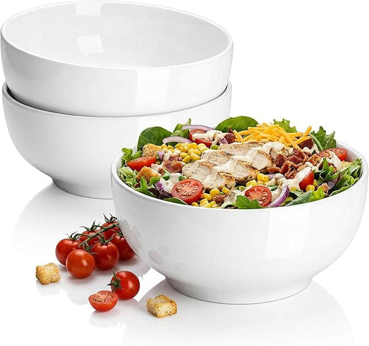 DELLING 60 Oz Large Serving Bowls Set of 3, 8 Inch White Ceramic Mixing Bowls - Soup Salad Pasta Ramen Bowls for Kitchen, Microwave Dishwasher Safe, Porcelain