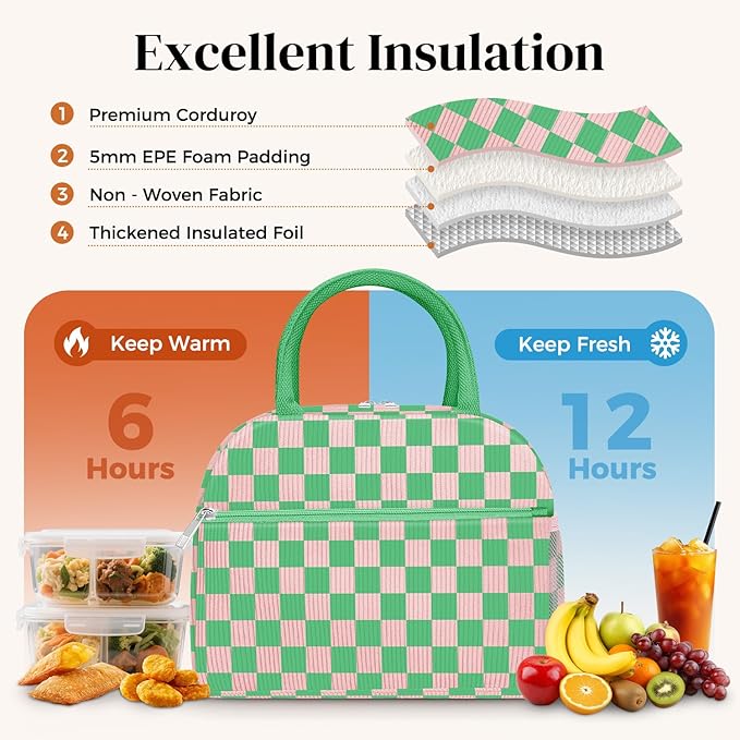 DALINDA Corduroy Lunch Box for Women,Insulated Lunch Bag Cute Cooler Tote Bag,Reusable 11L Large Capacity for Work Camping Picnic