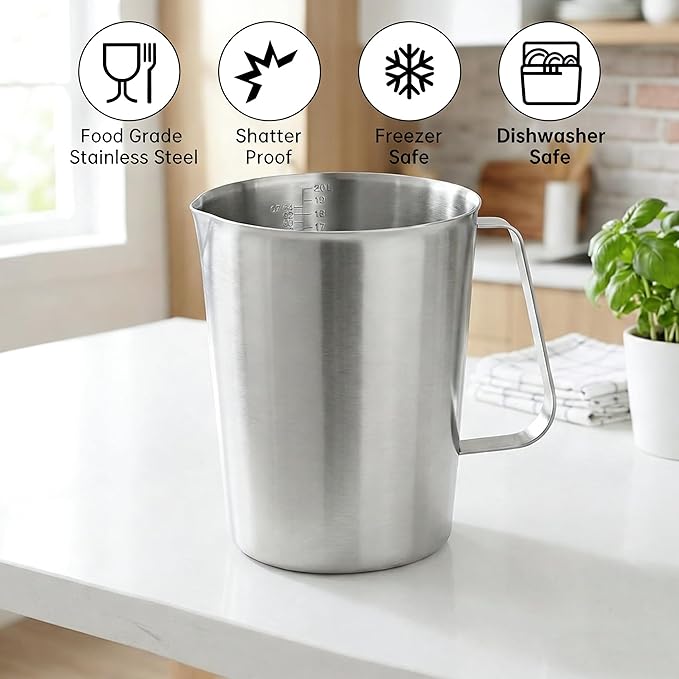 KSENDALO 64Oz/8Cup Stainless Steel Pitcher (SUS304), 2 Liter Metal Container for Water, Milk, Liquid with Handle with Engraved Markings, Silver