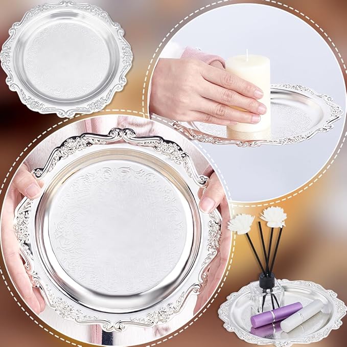 PH PandaHall 7.8" Silver Tray Jewellery Display Tray Serving Tray Decorative Round Platter Vintage Style Candle Tray Dispenser for Wedding Party Home Kitchen Centerpiece Display Perfume Organizer