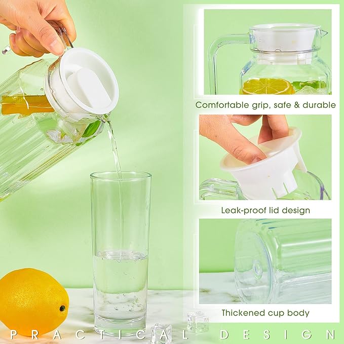 Panitay 2 Pcs 68 Ounces Plastic Pitcher with Lid Clear Acrylic Refrigerator Safe Pitcher Shatter Proof Juice Containers with Lids for Water Milk Sangria Lemonade Cold Drinks