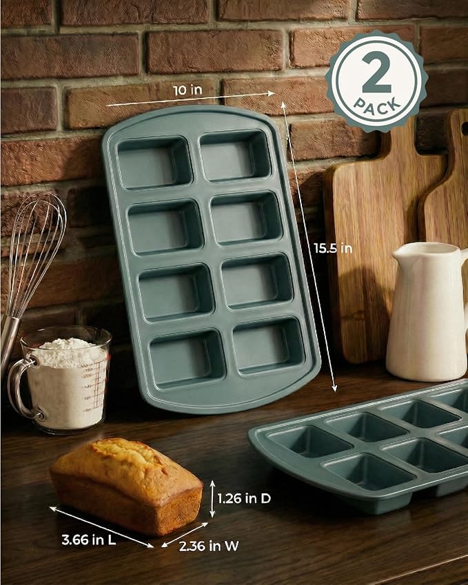 CARTMAN 2-Pack 8-Cavity Mini Loaf Pans Set with Spatula & Brush – 15.5” x 10” Nonstick Carbon Steel Small Bread Pan for Banana Bread, Meatloaf & Keto Snacks Sage Green