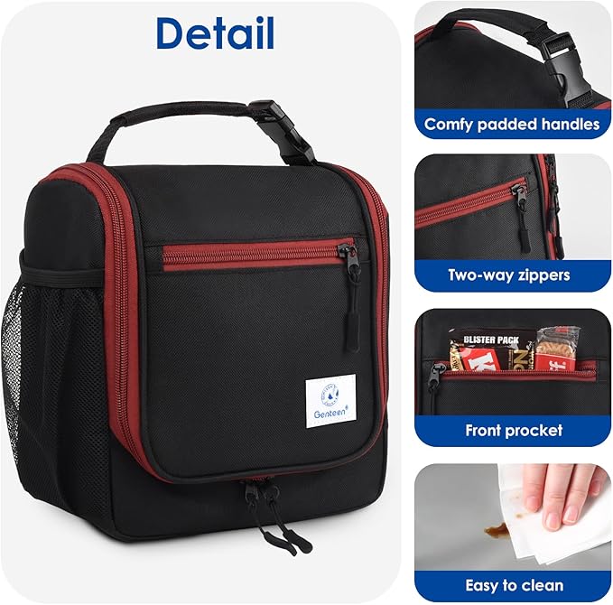 Genteen Kids Lunch Box, Insulated Lunch Bag for Kids, Toddler, Girl, and Boy; Holds Lunch Box, Water Bottle, & Snacks; Easy-Clean Water-Resistant Fabric & Multiple Zippered Pockets (Black)
