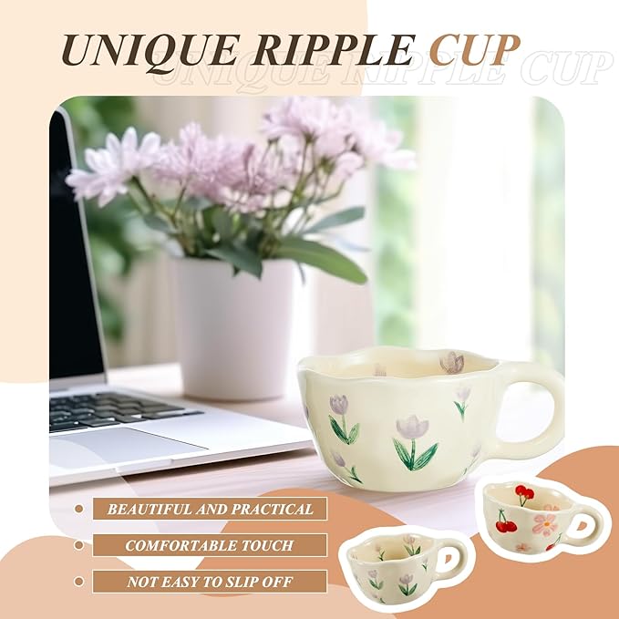 Vesici 2 Pcs Ceramic Coffee Mugs with Spoon, Vintage Floral Spring Mugs with Handle, 8.5 oz Aesthetic Flower Porcelain Tea Cup Set, Dishwasher & Microwave Safe for Home Office Gift(Cute)
