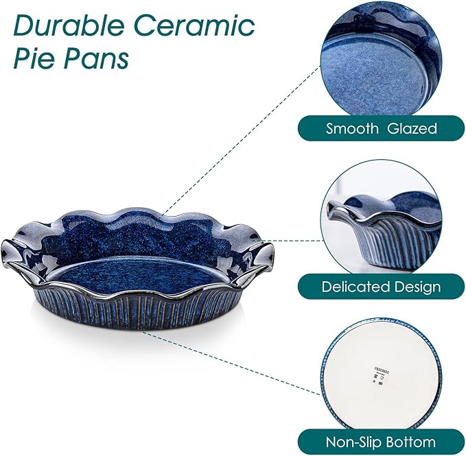 vancasso Ceramic Pie Pan for Baking, 9 inch Deep Pie Plates for Apple Pie, Pot Pie, Tart and Quiche, Reactive Glaze Fluted Pie Pans, Large Pie Dish with Ruffled Edge, Blue, STERN Series