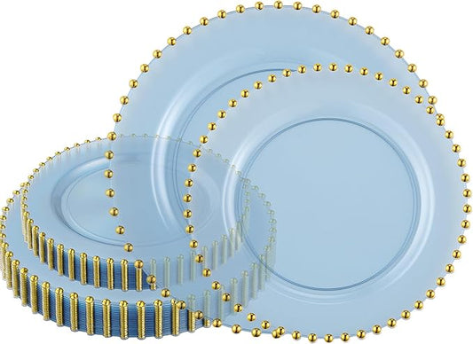 PLASTICPRO 64 Piece Combo Plastic Dinner Plates Disposable Plastic Fancy Heavy Duty Party Dishes 7 inch and 10 inch, Translucent Blue and Gold Beaded