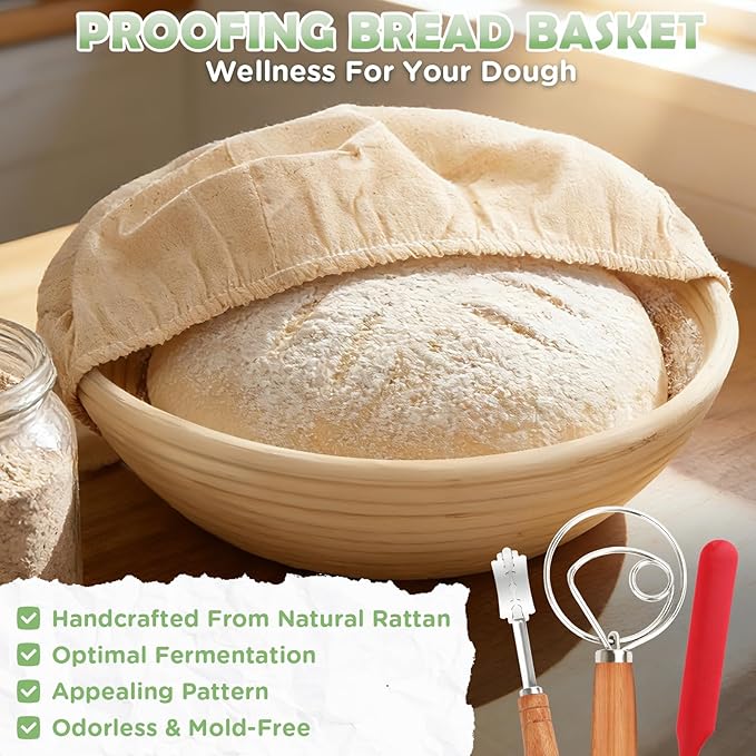Enameled Cast Iron Dutch Oven Pot with Lid, Incl. Sourdough Bread Baking Supplies Like Banneton Bread Proofing Basket, Starter Jar, Scoring Tool Lame, 5QT Dutch Oven for Bread Baking, Oven Safe up to 500°F