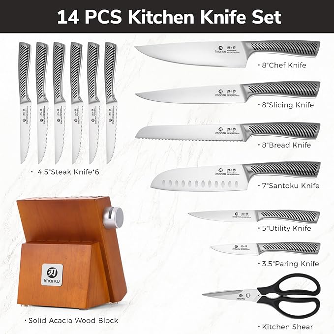 imarku 14-Piece Knife Set, Japanese Stainless Steel Knives Set for Kitchen, Full-Tang Gyutou Knife Sets with Block and Build-in Sharpener, Brown, Dishwasher Safe, House Warming Gifts