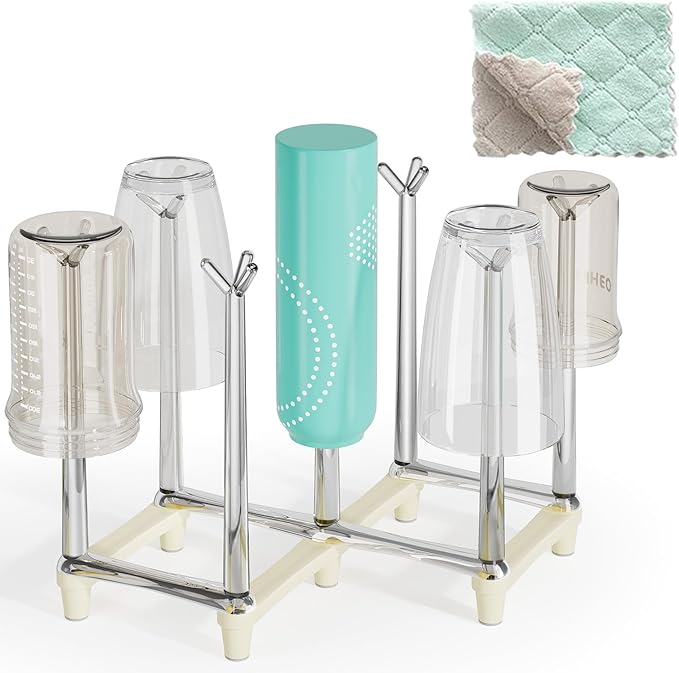 Marbrasse Retractable Cup Drying Rack, Drinking Glass and Sports Bottle Drainer Stand, Plastic Bag Dryer with Non-Slip Bottom for Kitchen Countertop - White
