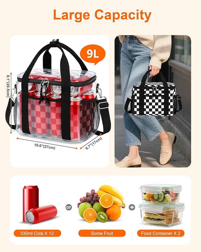 LOIDOU Lunch Box for Women Men Insulated Corduroy Lunch Bag Cooler Leakproof Reusable Adult Lunchbox Adjustable Strap lunch tote for Work Office Beach Picnic, Black Check