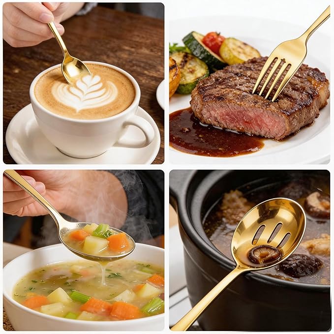 8 PCS Serving Utensils,8.7 Inch Large Serving Spoons,Slotted Spoon,Forks,Mini Coffee Spoons,Stainless Steel Serving Sets for Buffet Catering Banquet Party,Dishwasher Safe (8 Pcs(Gold))