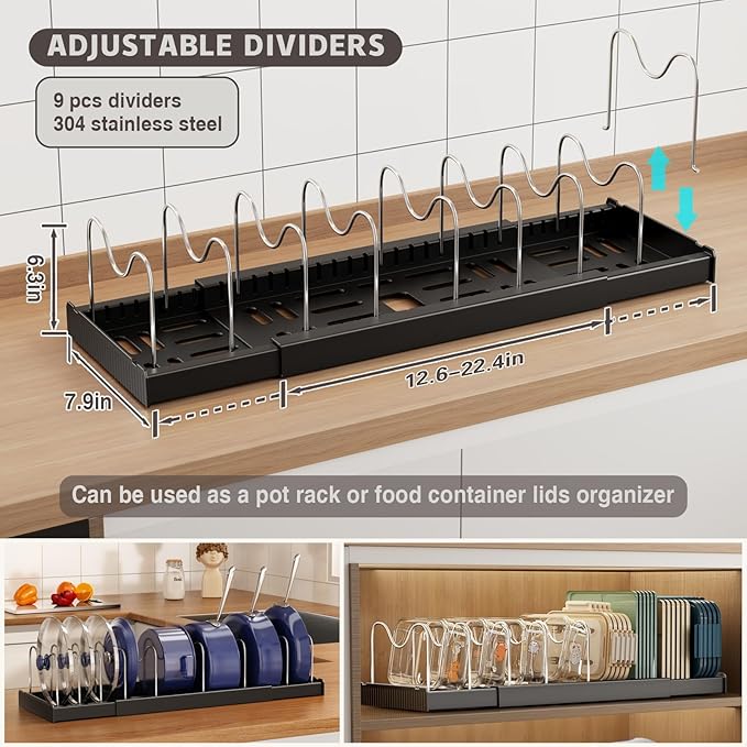 Expandable Food Storage Container Lid Organizers, 22" Pots and Pans Organizer Under Cabinet with 9 Adjustable Dividers Pot and Pan Lid Holders Rack Inside Cabinet(Black,1 Pack)