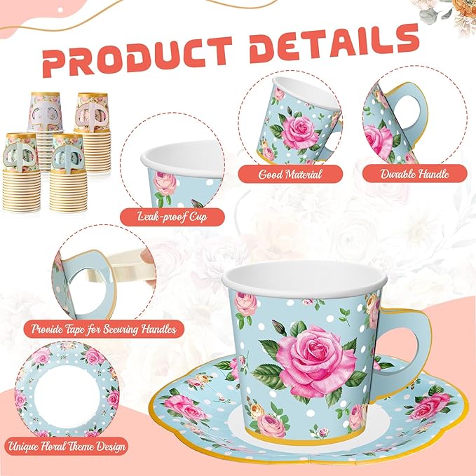 Umigy 60 Sets Spring Tea Party Decorations 6.5 oz Floral Paper Teacups & Saucer Set for Girls Women Afternoon Tea Parties Mothers Day Bridal Shower Wedding Birthday Party Decorations(Mixed Color)