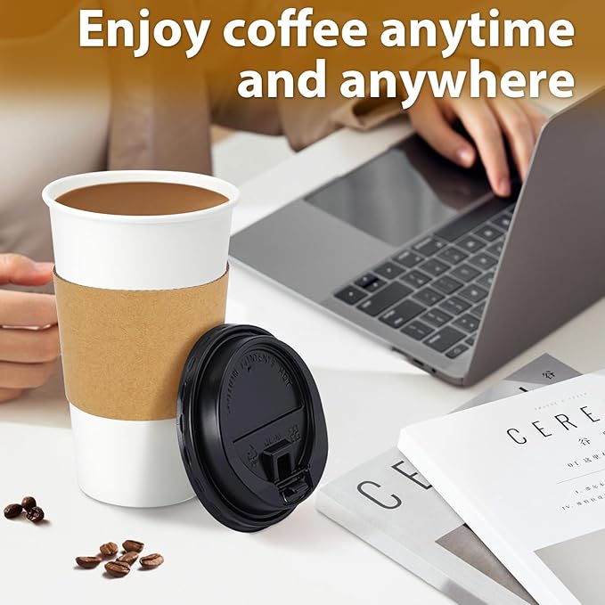 50 Pack 16 oz Disposable Coffee Cups with Lids and Insulated Sleeves, Leak-free Paper and Sturdy Thick Paper Hot to Go Coffee Cups with Lids for Cold/Hot Beverage (White)