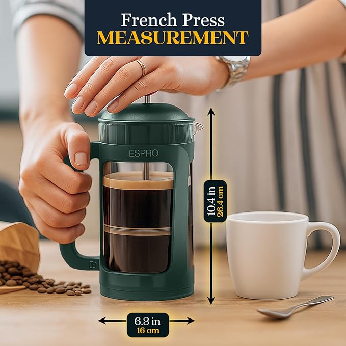 ESPRO P3 French Press Coffee Maker – Patented Double Micro-Filter for Grit-Free Brew, Heat Resistant Thicker Borosilicate Glass Coffee Press – Green (32 oz)