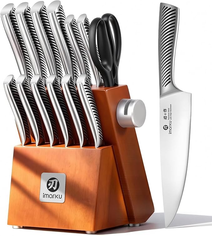 imarku 14-Piece Knife Set, Japanese Stainless Steel Knives Set for Kitchen, Full-Tang Gyutou Knife Sets with Block and Build-in Sharpener, Brown, Dishwasher Safe, House Warming Gifts