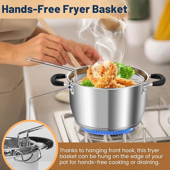 AOSION 6 Quart Stainless Steel Stock Pot with Lid, Deep Fryer Basket for Kitchen Colander Frying Cooking Steaming, 6QT Large Stock Pot for Cooking, Induction Ready, Compatible with All Stoves